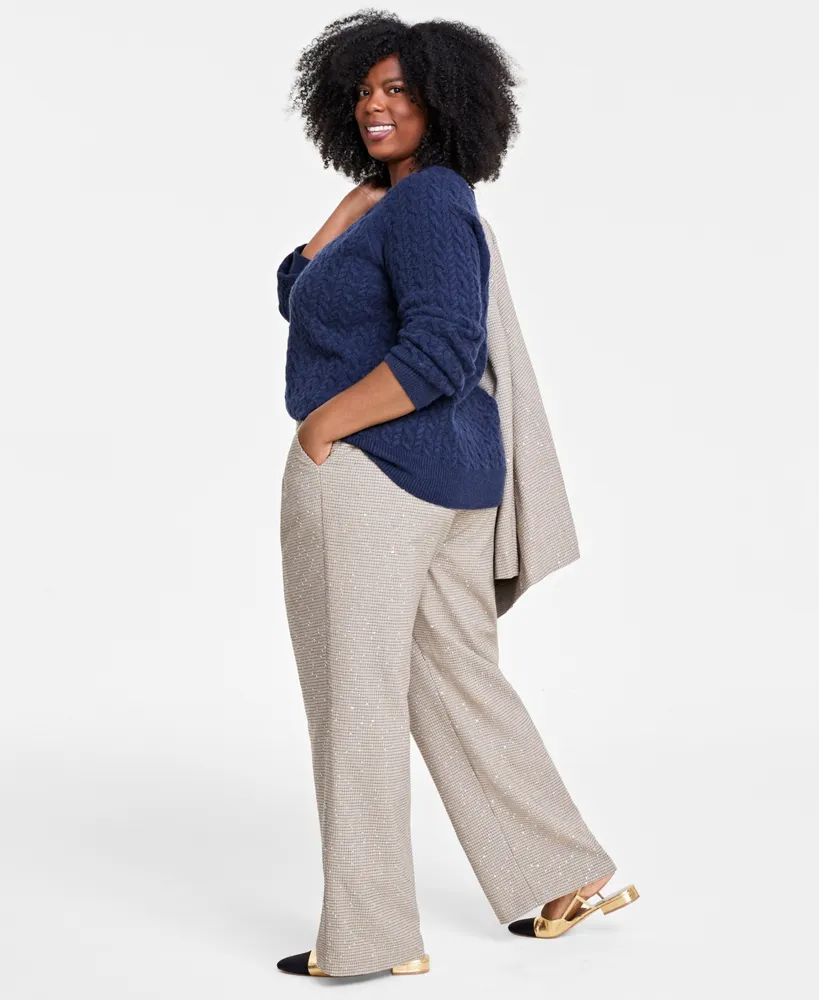On 34th Plus Size Sequin Plaid Wide-Leg Pants, Created for Macy's