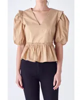 English Factory Women's V-neckline Puff Sleeve Top