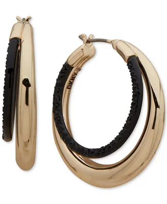 Dkny Gold-Tone Black Pave Double-Row Small Hoop Earrings, 0.8"