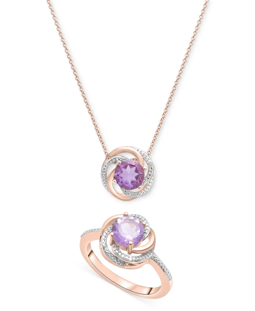 2-Pc. Set Pink Amethyst (1-1/2 ct. t.w.) & Diamond Accent Spiral Pendant Necklace Matching Ring 14k Rose Gold-Plated Sterling Silver (Also Blu