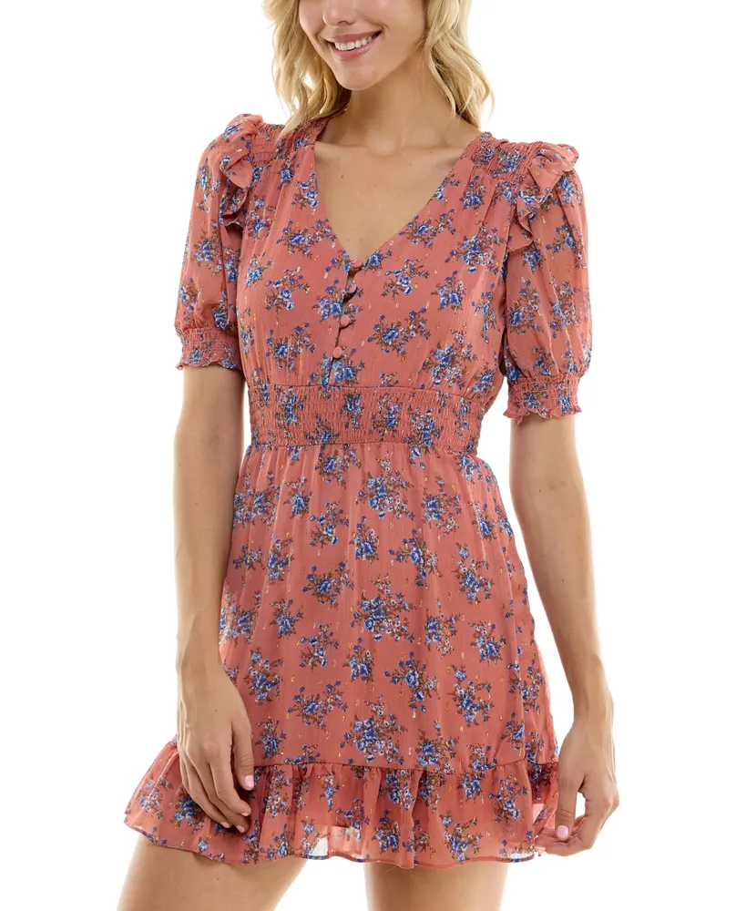 B Darlin Juniors' Ruffled Floral Clip-Dot A-Line Dress