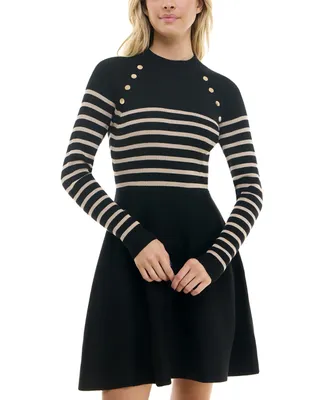 Bcx Juniors' Striped Button-Detail Fit & Flare Sweater Dress