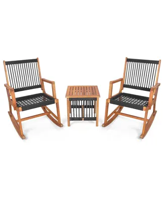 Costway 3pcs Patio Acacia Wood Bistro Table Rocking Chair Set All-Weather Rope Outdoor