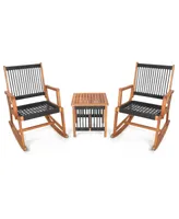 Costway 3pcs Patio Acacia Wood Bistro Table Rocking Chair Set All-Weather Rope Outdoor