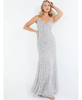 Women's Silver Beaded Fishtail Maxi Dress