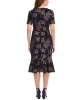 London Times Petite Twist-Waist Flounce-Hem Midi Dress