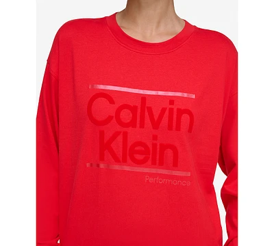 Calvin Klein Performance Women's Metallic Logo Crewneck Long-Sleeve Cotton T-Shirt