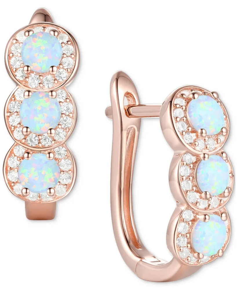 Lab-Grown Opal (1/4 ct. t.w.) & White Sapphire Triple Halo Leverback Earrings 14k Rose Gold