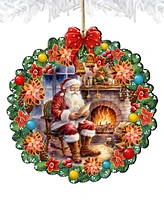 Designocracy Santa at the Fireplace Wreath Christmas Wooden Ornaments G. DeBrekht