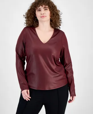 Bar Iii Plus Size Coated Long-Sleeve V-Neck Top, Created for Macy's