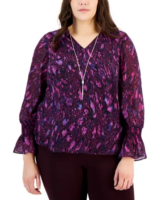 Jm Collection Plus Size Glam Animal-Print Smocked-Sleeve Necklace Top, Created for Macy's