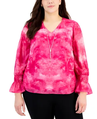 Jm Collection Plus New Year Dye Smocked-Sleeve Necklace Top, Created for Macy's