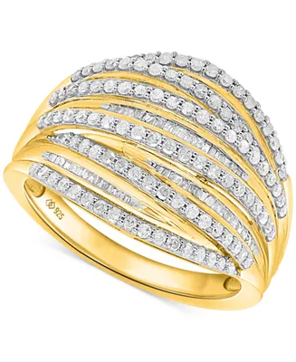Diamond Round & Baguette Multirow Statement Ring (1 ct. t.w.) 14k Gold-Plated Sterling Silver - Gold