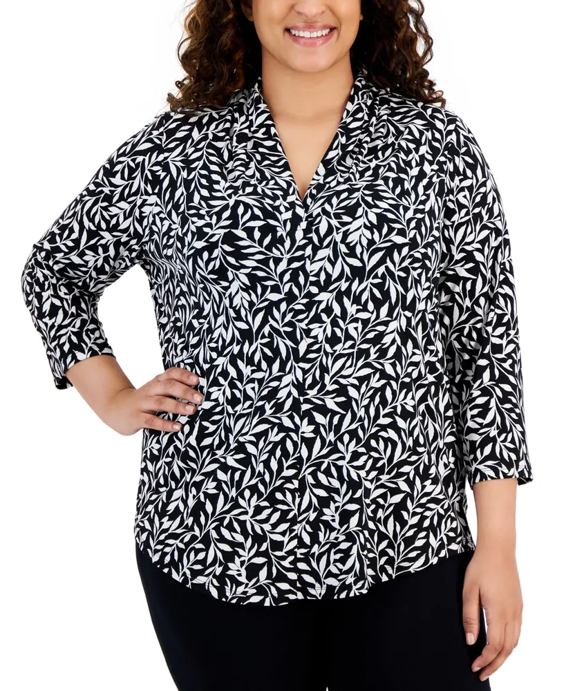Jm Collection Plus Size Printed 3/4-sleeve Top, Created For Macy's In Deep  Black Combo