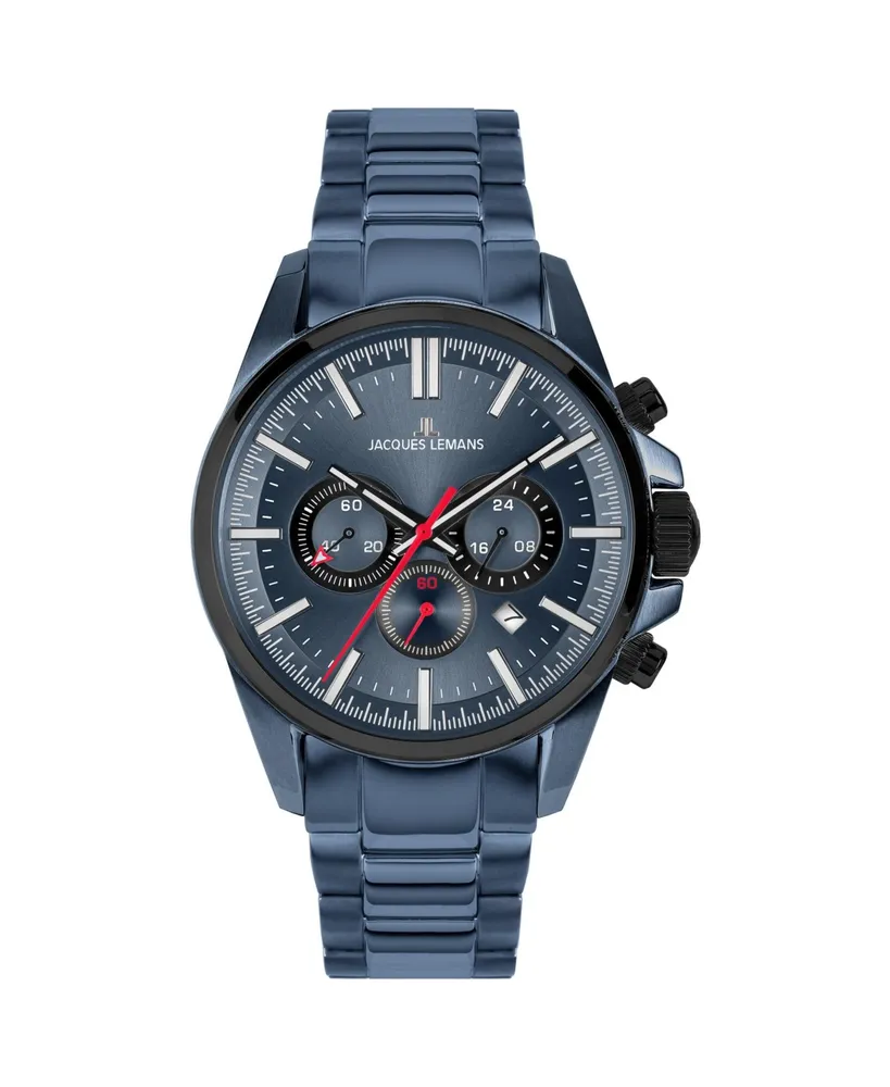 Jacques Lemans Men's Liverpool Watch with Solid Stainless Steel Strap, Ip-Blue/Ip-Black Bicolor Chronograph, 1-2119