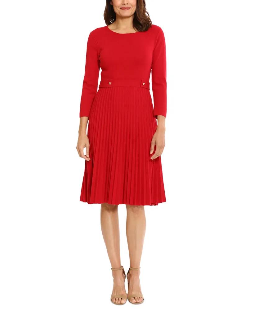 London Times Women's 3/4-Sleeve Pleated Fit & Flare Dress