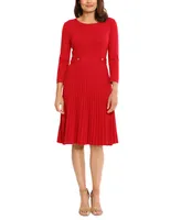 London Times Women's 3/4-Sleeve Pleated Fit & Flare Dress