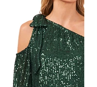 CeCe Women's Long Sleeve Sequin Bow Detail One-Shoulder Top