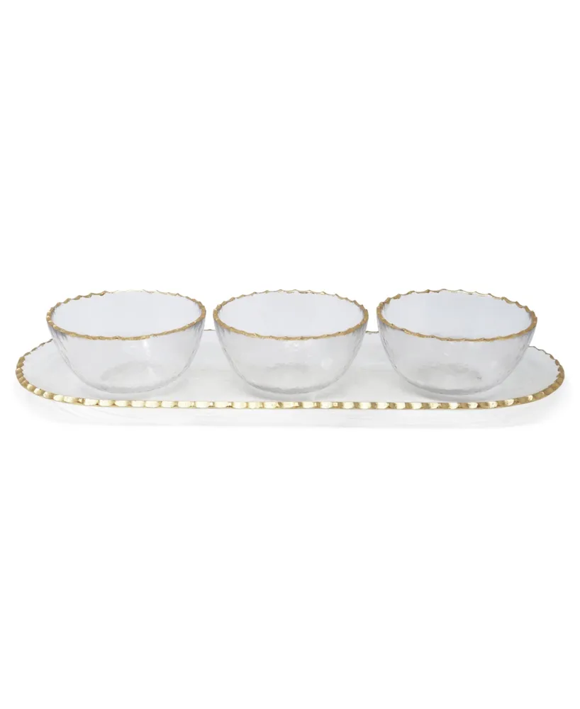 3 Bowl Serving Dish Gold-Tone Rim, 4 Piece Set