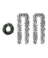 Glitzhome 24"D Pre-Lit Snow Flocked Christmas Wreath and Matched 2 Pack 9' Garland Set