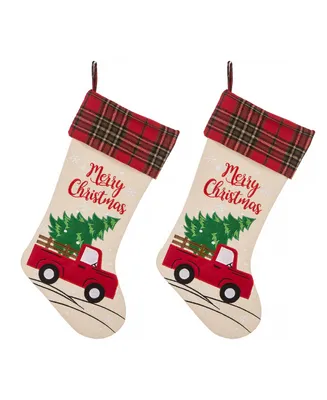 Glitzhome 2 Pack 21" L Embroidered Linen Christmas Stocking, Truck