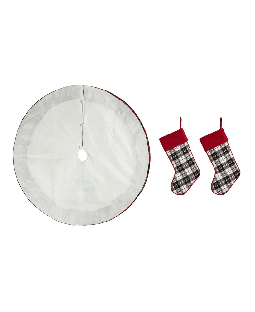 Glitzhome Set of 3 2 Plaid Fabric Christmas Stockings a Tree Skirt