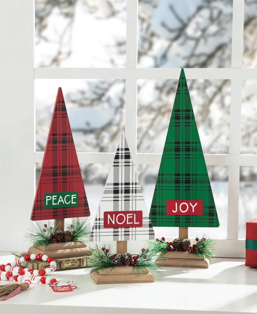 Glitzhome Set of 3 Wooden Christmas Plaid Table Tree