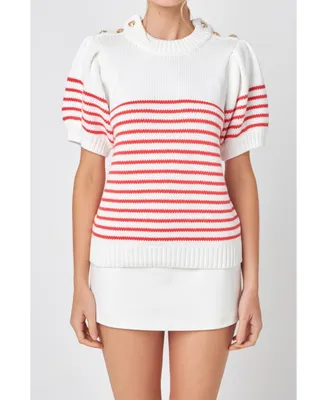 Women's Striped Short Puff Sleeve Sweater with Buttons