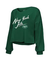 Women's Majestic Threads Sauce Gardner Green New York Jets Name and Number Off-Shoulder Script Cropped Long Sleeve V-Neck T-shirt