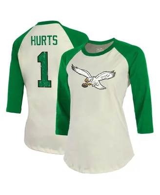 Women's Majestic Threads Jalen Hurts Cream, Kelly Green Philadelphia Eagles Alternate Player Name and Number Raglan 3/4-Sleeve T-shirt