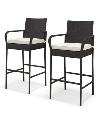 2PCS Patio Pe Wicker Bar Chairs Counter Height Barstools with Armrests &Cushions