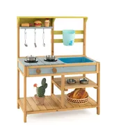 Costway Wooden Play Kitchen Set, Outdoor Kid's Mud Kitchen with Faucet & Water Box