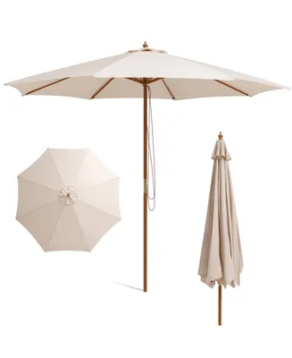 10FT Patio Wooden Market Table Umbrella Pulley w/8 Bamboo Ribs Sunshade Canopy
