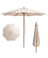 Costway 10FT Patio Wooden Market Table Umbrella Pulley w/8 Bamboo Ribs Sunshade Canopy