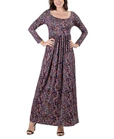 24seven Comfort Apparel Women's Floral Long Sleeve Pleated Maxi Dress