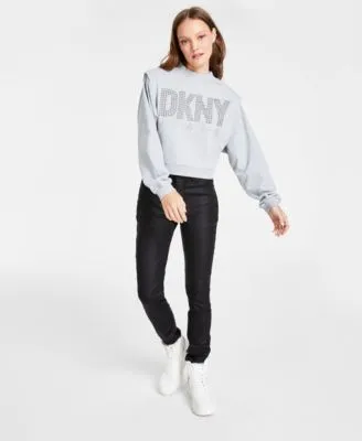 Dkny Jeans Womens Long Sleeve Studded Logo Sweatshirt Coated Denim Skinny Jeans