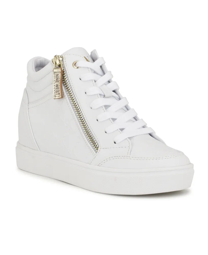 Nine West Women's Tons High Top Hidden Wedge Sneakers - Embossed White, Gold