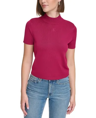 Calvin Klein Jeans Women's Monogram Logo Embroidery Cropped Short Sleeve Mock Neck Top