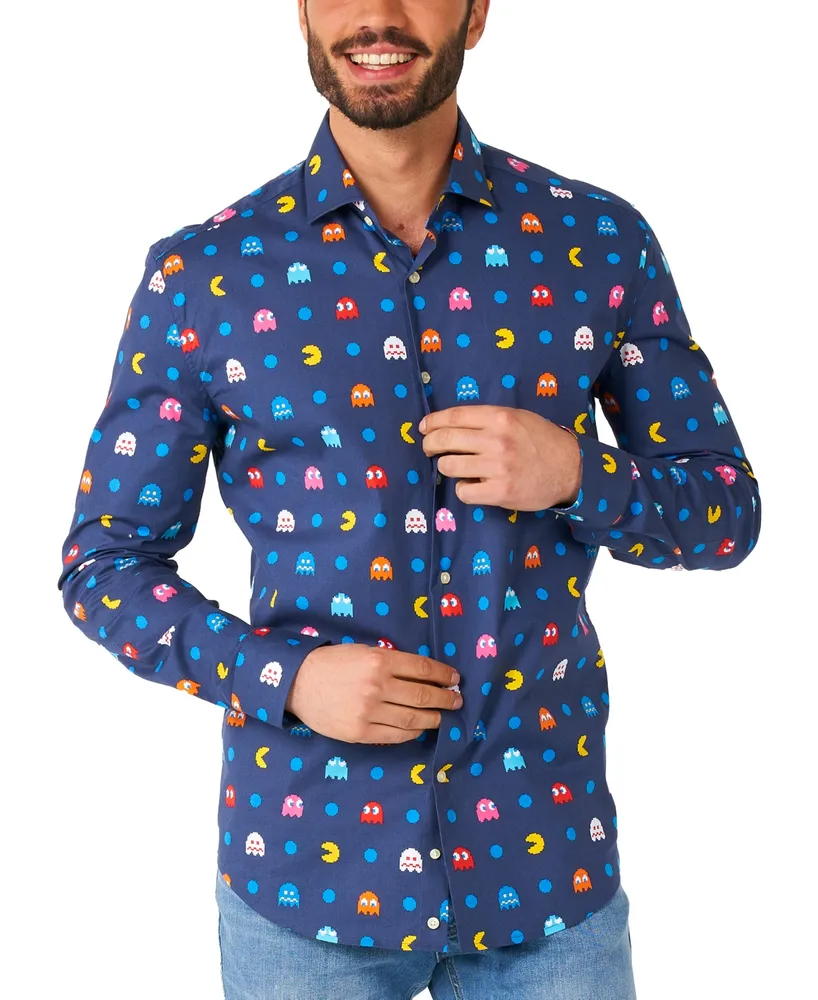 OppoSuits Big & Tall Pixel Official Pac-man Shirt - Retro Gaming Outfit Including 1 Button- Up Blue Long sleeve
