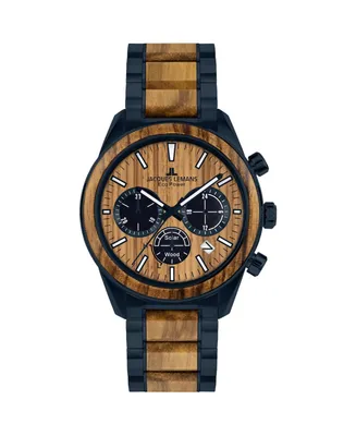 Jacques Lemans Men's Eco Power Watch with Solid Stainless Steel / Wood Inlay Strap Ip-Blue, Chronograph 1-2115