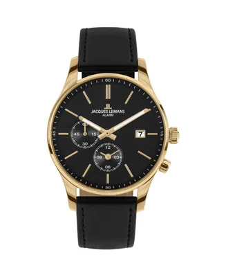 Jacques Lemans Men's London Watch with Leather Strap, Solid Stainless Steel Ip Gold, 1-2125
