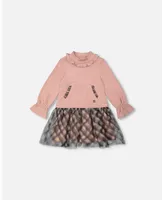 Girl Bi-Material Mock Neck Dress With Long Puffy Sleeves Pink Stylish Plaid - Child