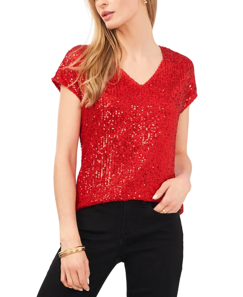 Vince Camuto Women's Sequined Dolman Sleeve V-Neck Blouse