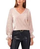 Vince Camuto Women's V-Neck Velvet Shine Blouson-Long-Sleeve Top