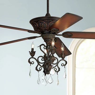 Casa Vieja 52" Contessa Vintage Country Cottage Indoor Ceiling Fan with Light Led Chandelier Dark Bronze Copper Shaded Cherry Blades House Bedroom Liv