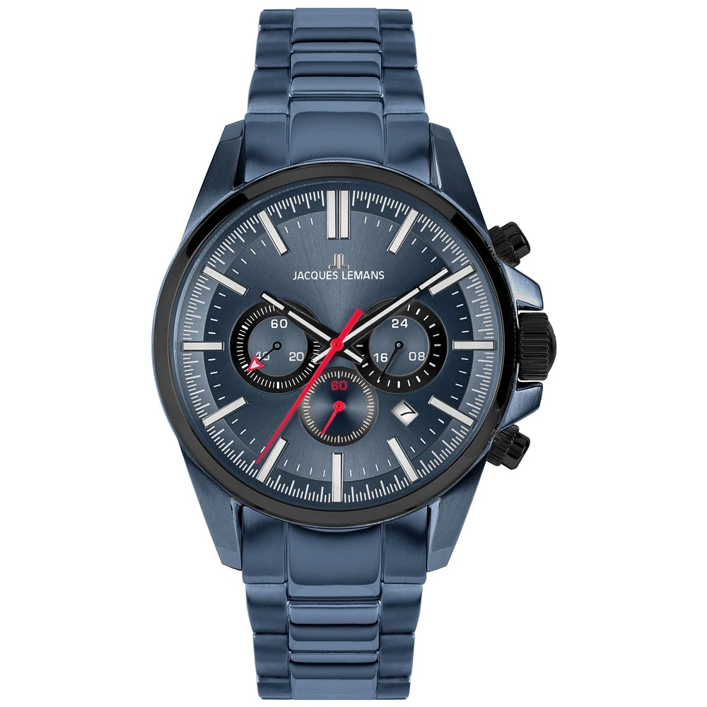 Jacques Lemans Men's Liverpool Watch with Solid Stainless Steel Strap, Ip-Blue/Ip-Black Bicolor Chronograph, 1-2119