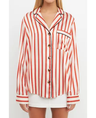 English Factory Women's Striped Satin Shirt with Piping
