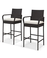 Costway 2PCS Patio Pe Wicker Bar Chairs Counter Height Barstools with Armrests &Cushions