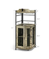 Costway Corner Bar Cabinet Industrial Liquor Wine Cabinet with Glass Holder & Mesh Doors
