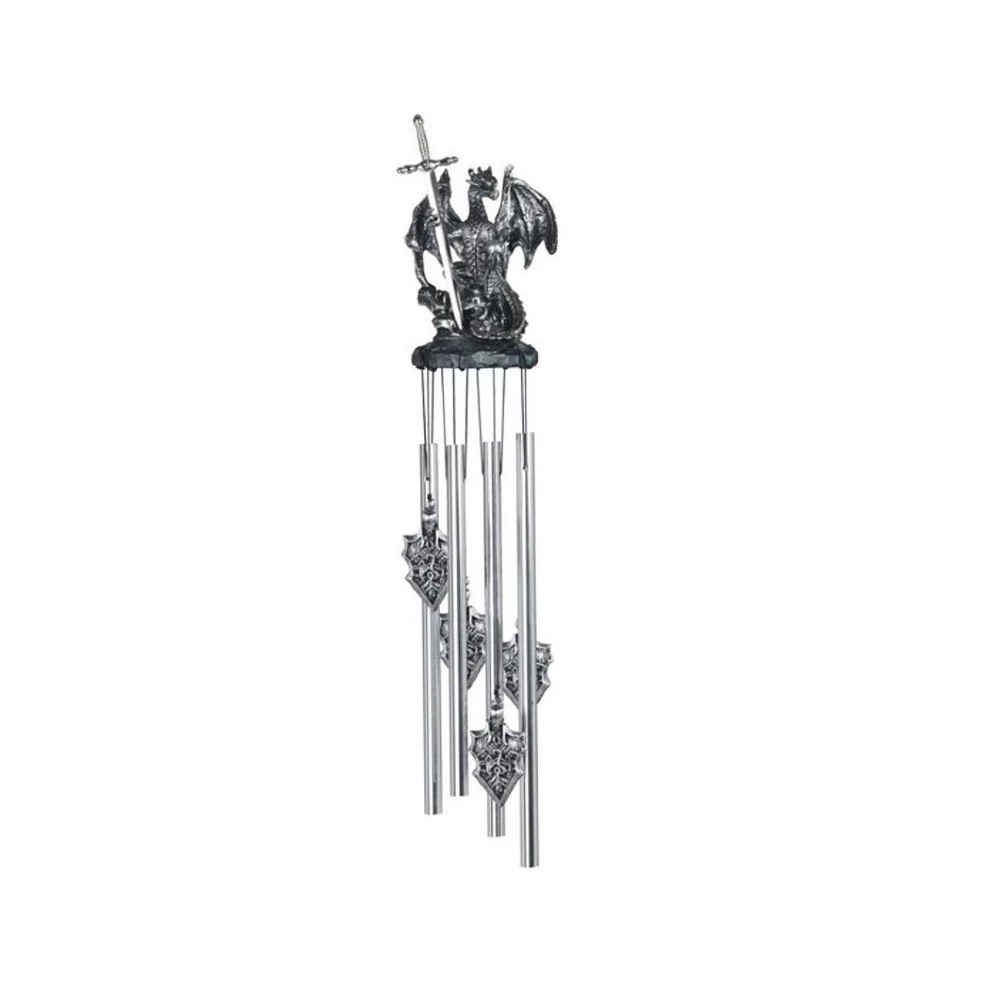 23" Long Silver Dragon Round Top Wind Chime with Sword
